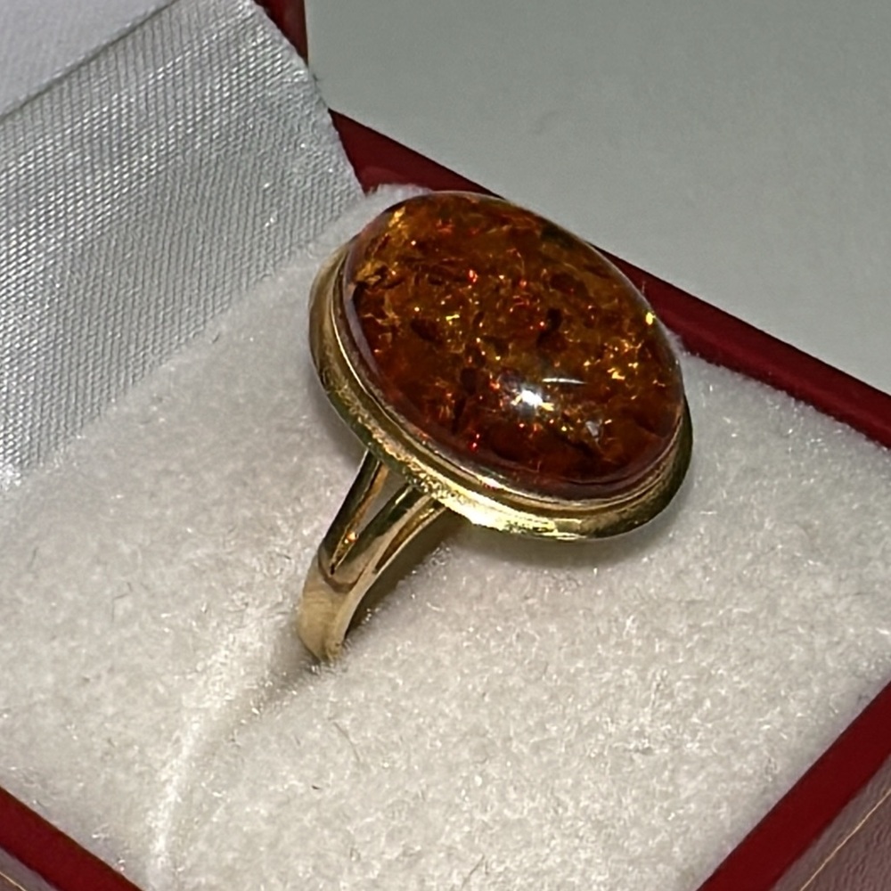 Solid 14K Yellow Gold Natural Oval Baltic Amber Ring Vintage Estate - Picture 6 of 14